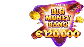 Промо-акция Big Money Bang от 3 Oaks в казино Клубника с призовым фондом 120 000 евро, представленная на фиолетовом фоне с золотыми монетами и динамитом.