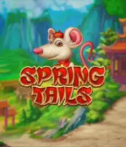 A charming illustration of a white rat wearing a red traditional Chinese outfit standing in a vibrant landscape with mountains. The image represents the Spring Tails Slot by Betsoft, highlighted with prominent gold and red logo text.