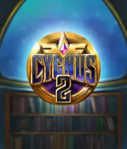 Discover the enchanting artwork of Cygnus 2 Slot by ELK Studios, featuring a luxurious emblem with a vibrant purple and gold design. Positioned against a mystical library setting, this graphic conjures the theme of adventure and mystery. 